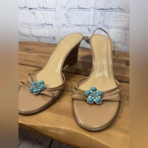 LOFT Tan Wedges with Turquoise Embellishments